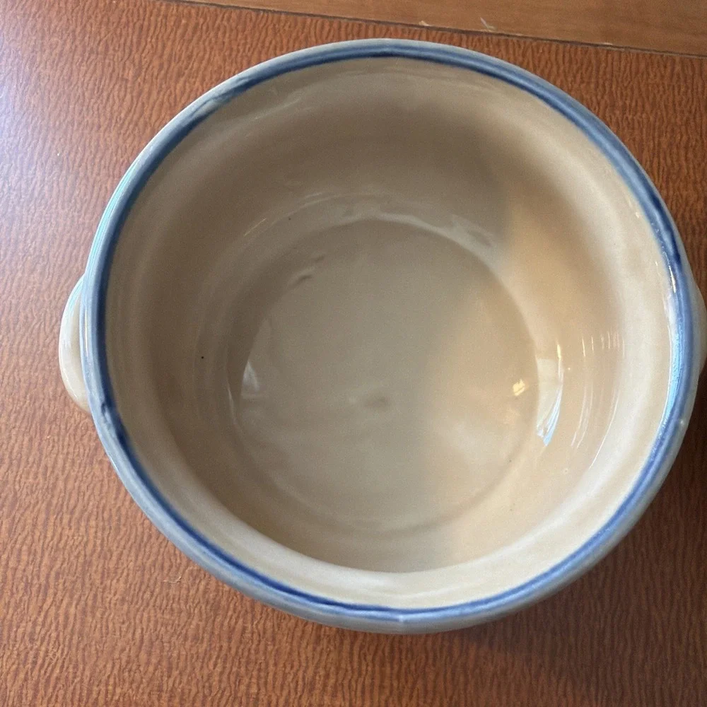 Vtg NCE 1986 Soup Crock Bowl Double Handle Heart Design Stoneware Blue Set 2